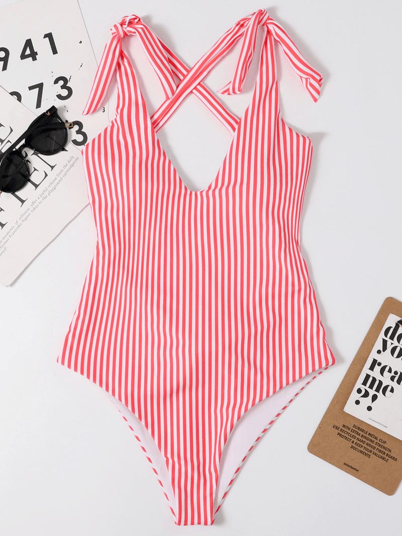 Kvinder Pinstripe Criss Cross Back Cute Bow Shoulder One Piece Slankende Badedragt