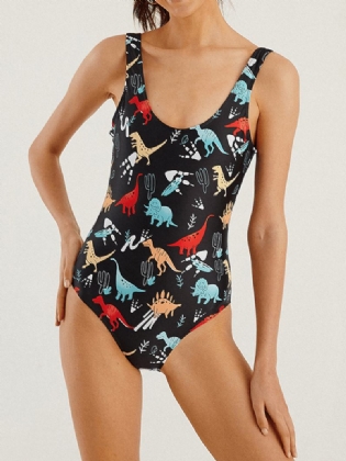 Kvinder Tegneserie Dinosaur Med Tryk Åben Ryg One Piece Beach Badetøj