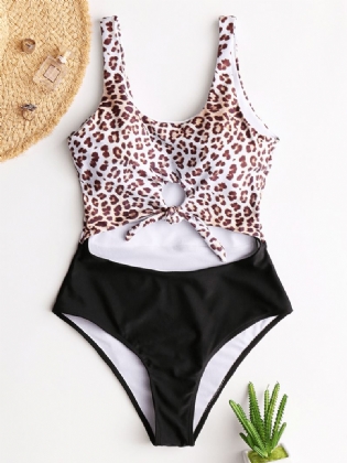 Kvinder Tie Front Cut Out Badetøj Leopard Patchwork One Piece
