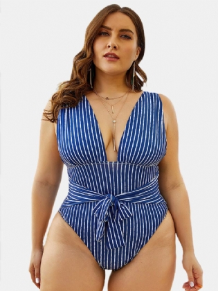 Navy Stribet Rygløs Dyb Halsudskæring Høje Ben Badetøj One Pieces