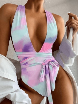 Tie Dye Backless Bandage High Fork Holiday One Piece Dame Beach Badetøj