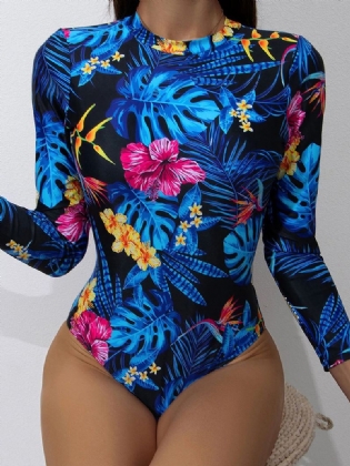 Tropical Leaves Med Tryk Højhals Rygløs Langærmet Slankende One Piece Kvinder Badetøj