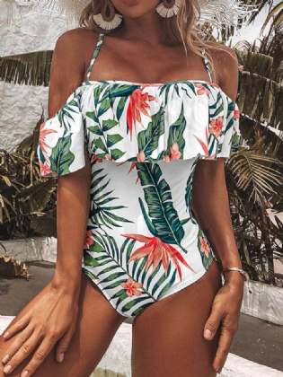 Tropical Plant Med Tryk Ruffle Strappy Rygløs Holiday One Piece Hawaii Style Badetøj