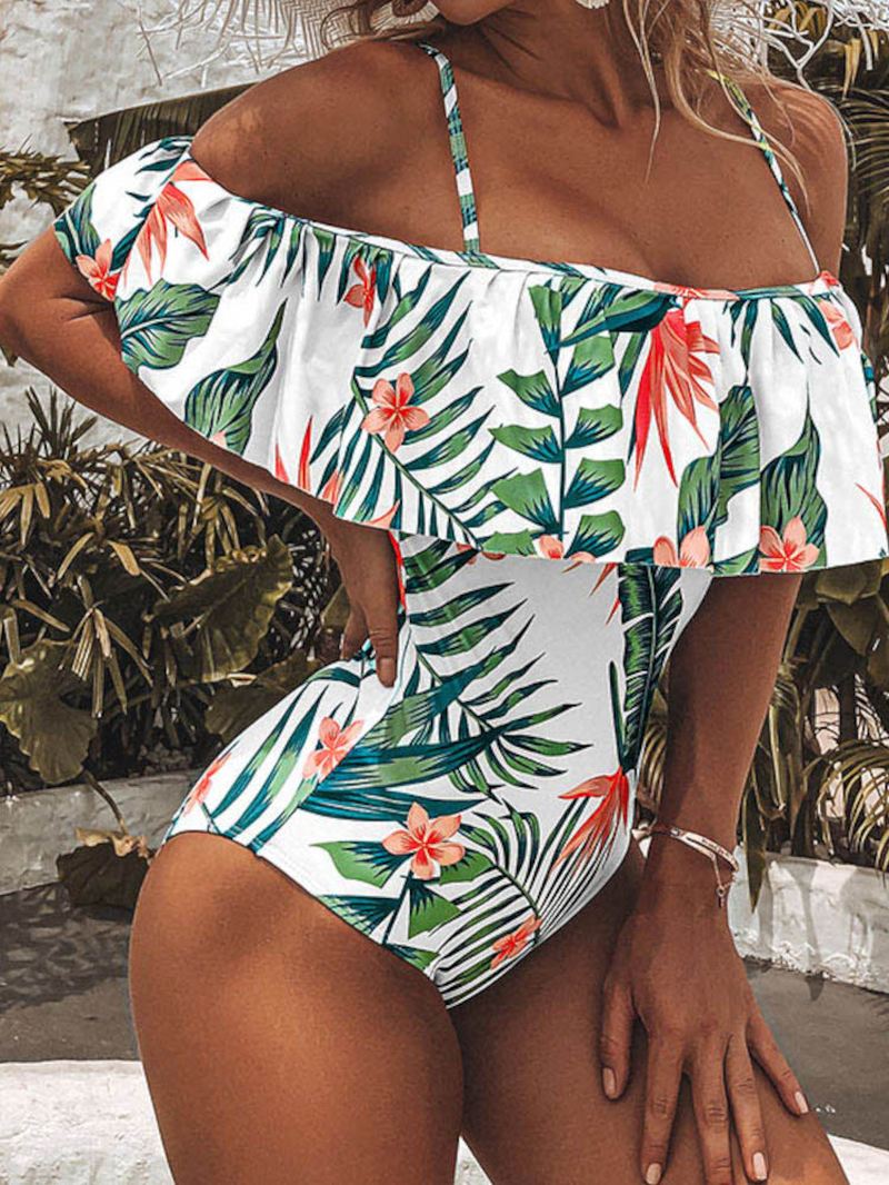 Tropical Plant Med Tryk Ruffle Strappy Rygløs Holiday One Piece Hawaii Style Badetøj