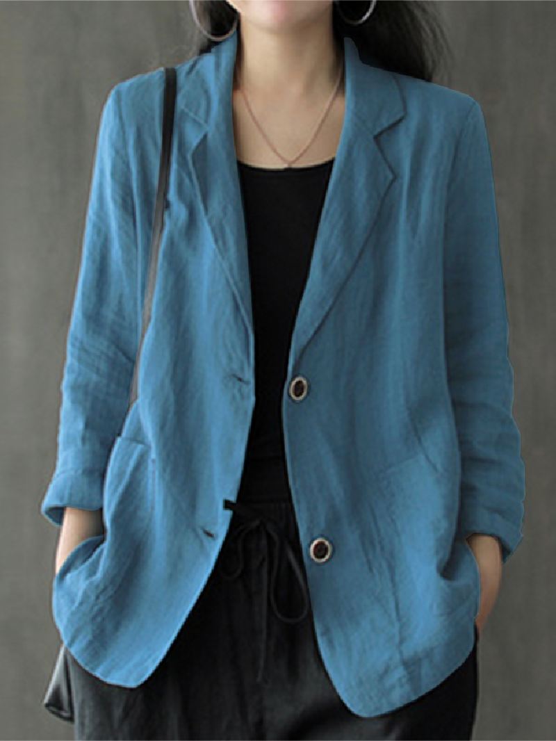 Kvinder 100% Bomuld Ensfarvet Knap Front Business Tynd All-match Blazer Med Lomme