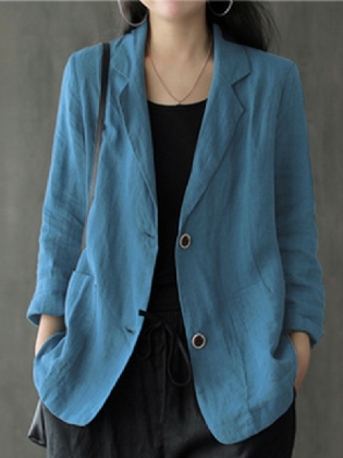 Kvinder 100% Bomuld Ensfarvet Knap Front Business Tynd All-match Blazer Med Lomme