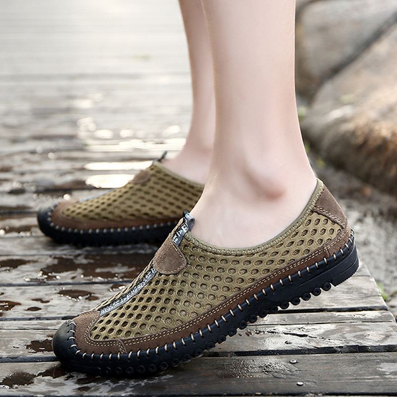 Mænd Mesh Anti-collision Toe Håndsyning Casual Flats Sneakers