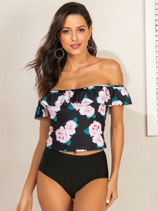 Kvinder Blomstertryk Flæser Højtalje Tankini Hawaii Beach Badetøj