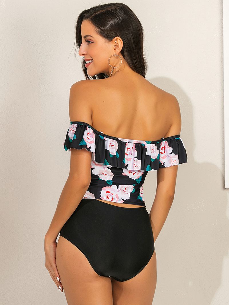 Kvinder Blomstertryk Flæser Højtalje Tankini Hawaii Beach Badetøj