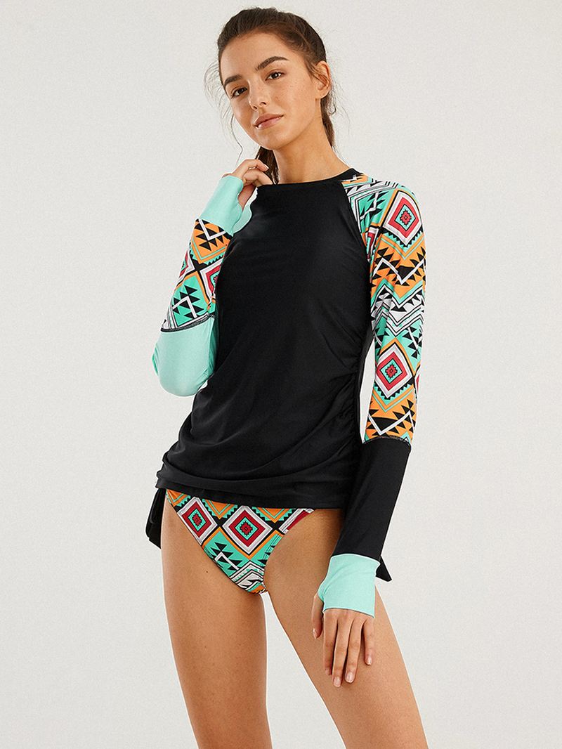 Kvinder Vintage Geometrisk Med Tryk Solcreme Lange Ærmer Surfing String Trusse Sports Bikini