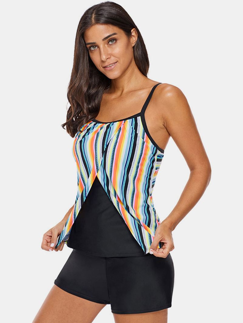 Plus Size Kvinder Farverige Stribede Spaghetti Straps Ærmeløse Badetøj
