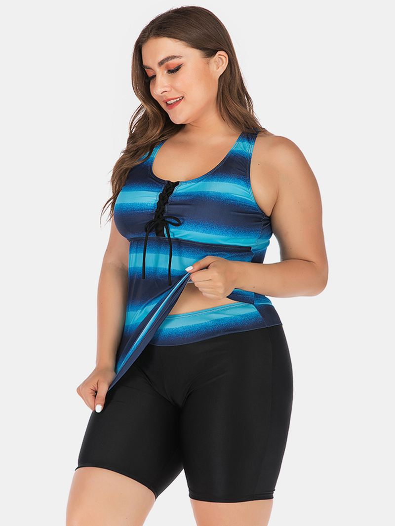 Plus Size Kvinder Front Bandage Stripe Top Todelt Badetøj Cover Belly Tankinis