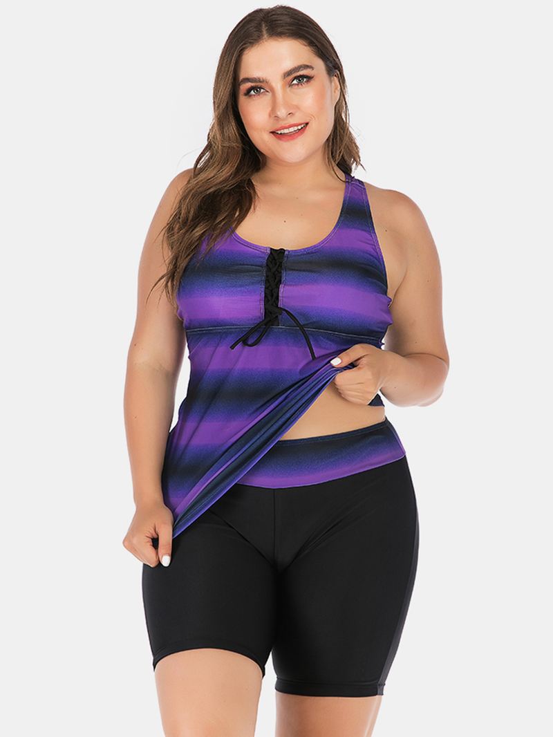 Plus Size Kvinder Front Bandage Stripe Top Todelt Badetøj Cover Belly Tankinis