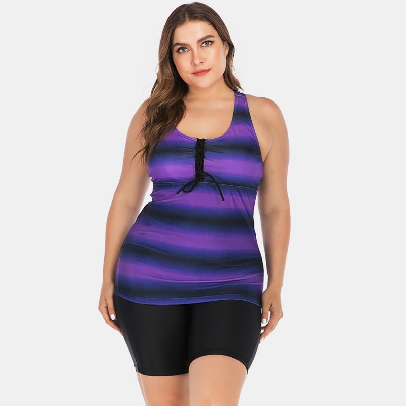 Plus Size Kvinder Front Bandage Stripe Top Todelt Badetøj Cover Belly Tankinis