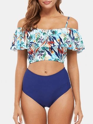 Tropical Plant Med Tryk Flæser High Waist Bikini Hawaii Casual Badedragt Til Kvinder
