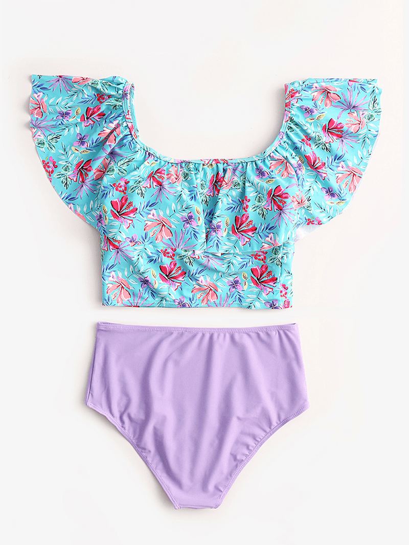 Tropical Plant Med Tryk Flæser High Waist Bikini Hawaii Casual Badedragt Til Kvinder