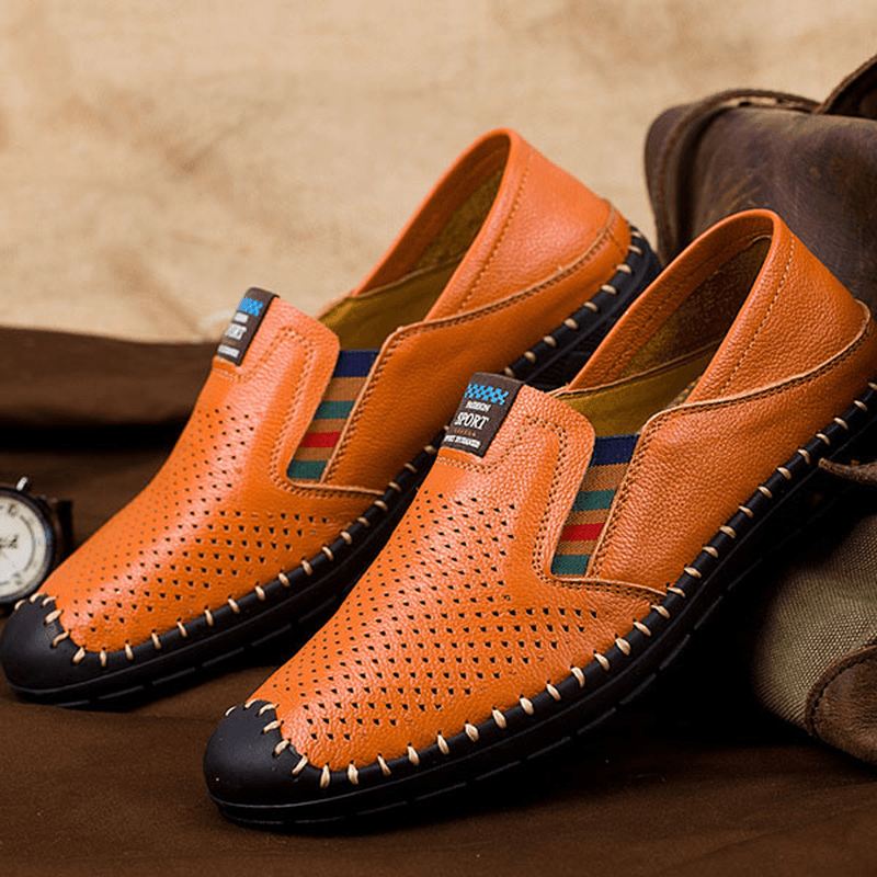 Åndbar Hollow Outs Anti Collision Toe Ægte Læder Flats Loafers Sko