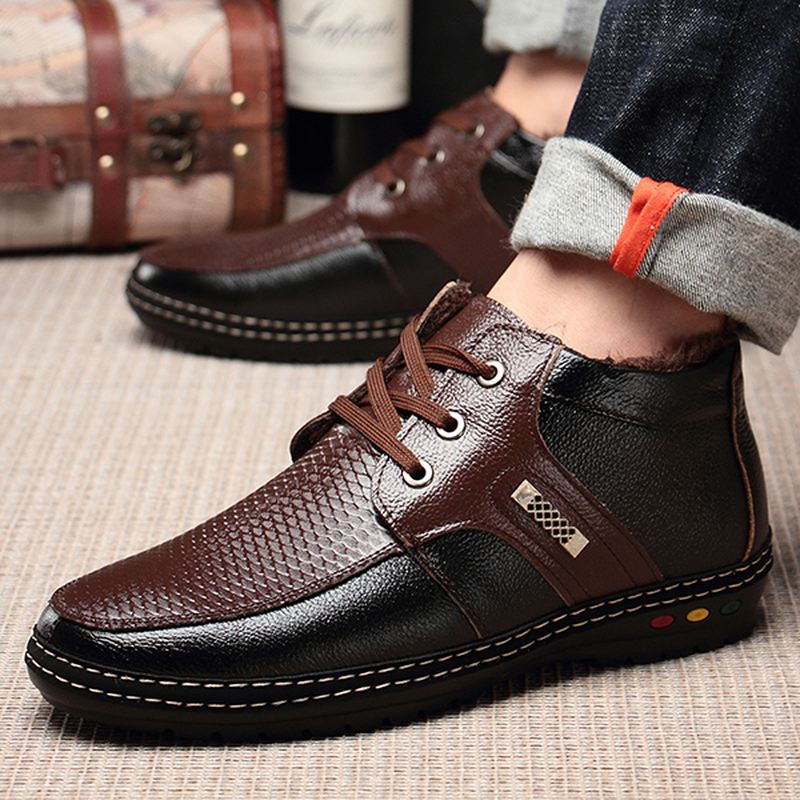 Mænd Casual Ægte Læder Blød Pels Foring High Top Oxfords Sko