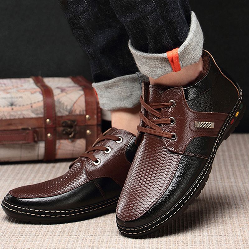 Mænd Casual Ægte Læder Blød Pels Foring High Top Oxfords Sko