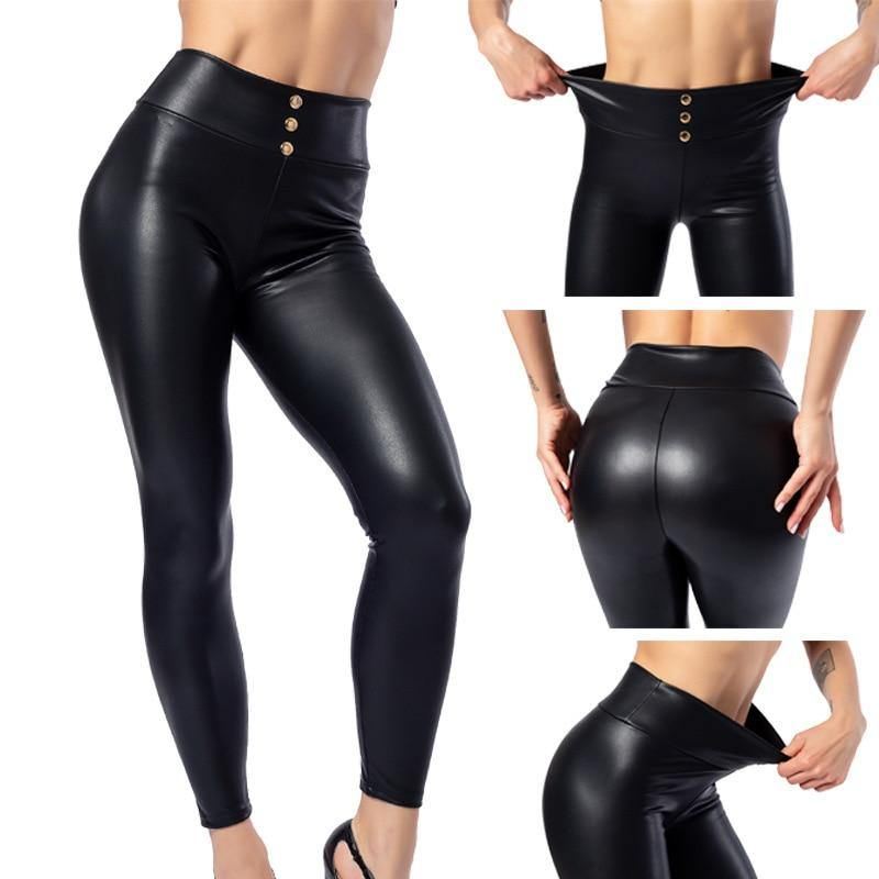Everbellus Kvinder Sexede Leggings I Imiteret Læder Med Knap Højtalje Tynde Og Tykke Push Up Solid Sort Slank Pu Legg Plus Størrelse