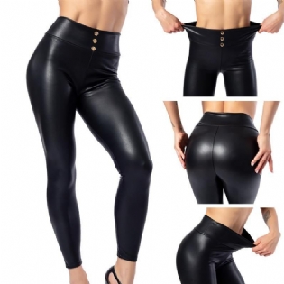 Everbellus Kvinder Sexede Leggings I Imiteret Læder Med Knap Højtalje Tynde Og Tykke Push Up Solid Sort Slank Pu Legg Plus Størrelse