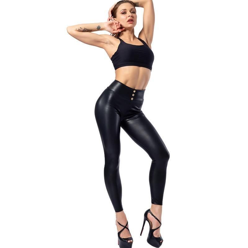 Everbellus Kvinder Sexede Leggings I Imiteret Læder Med Knap Højtalje Tynde Og Tykke Push Up Solid Sort Slank Pu Legg Plus Størrelse