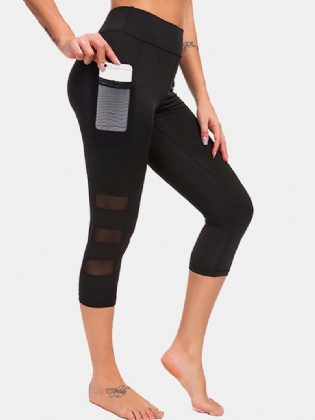 Kvinder Mesh Patchwork Bodycon Cropped Yoga Sport Leggings Med Lommer