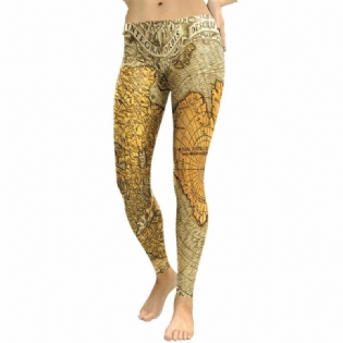 Nyt Forår Golden World Map Leggings Kvinder Bogstav Bredde- Og Længdegrad 3d-printede Legg High Waist Bukser