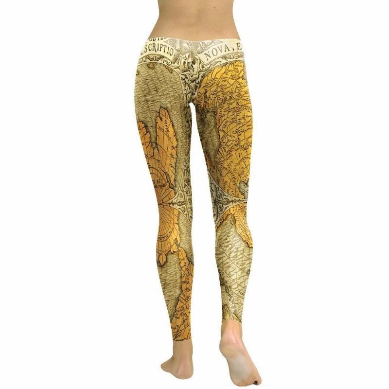 Nyt Forår Golden World Map Leggings Kvinder Bogstav Bredde- Og Længdegrad 3d-printede Legg High Waist Bukser