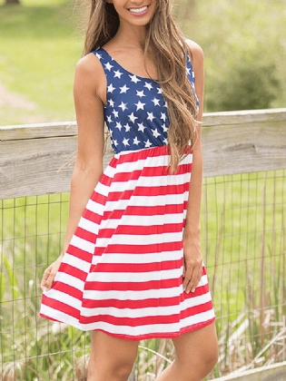 America Flag Med Tryk Independence Day Ærmeløs Afslappet Midi-kjole