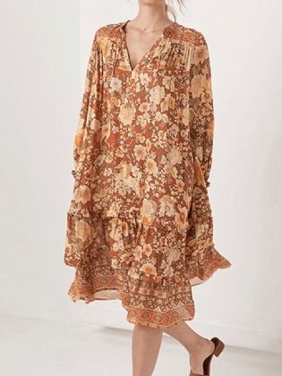 Bohemian Floral Med Tryk V-hals Langærmet Mellemlang Kjole