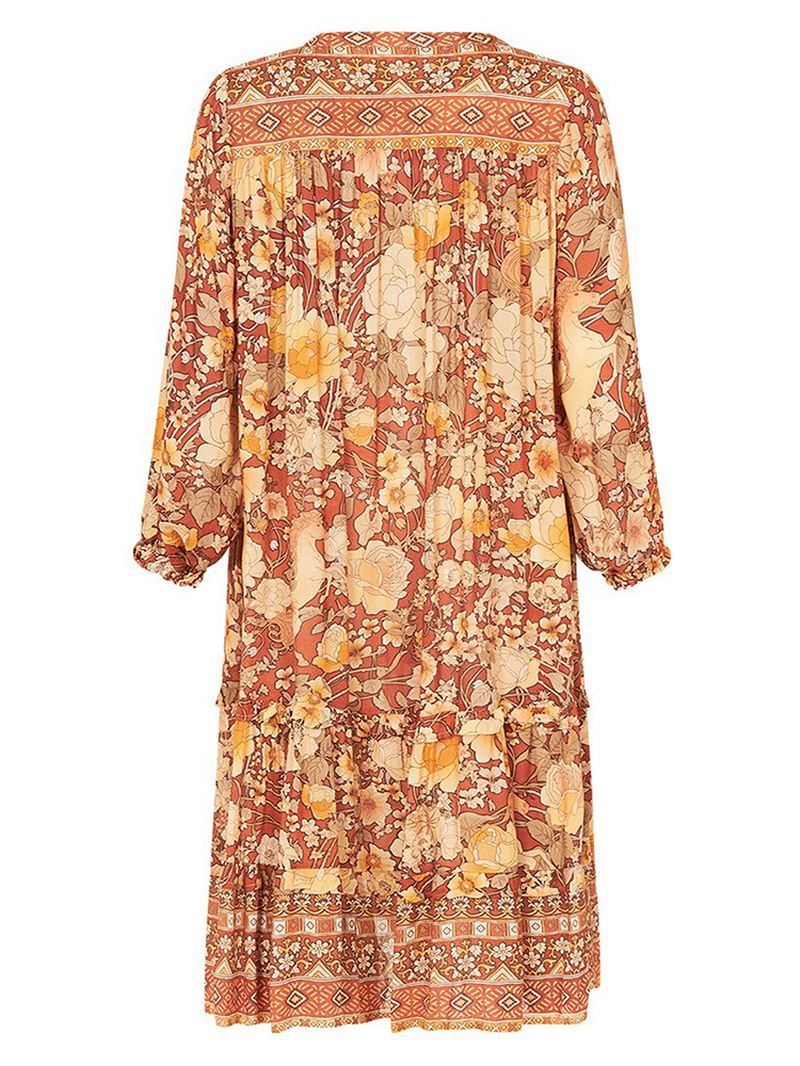 Bohemian Floral Med Tryk V-hals Langærmet Mellemlang Kjole