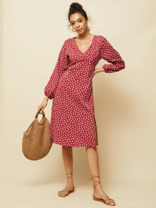 Chiffon Polka Dot Med Tryk Split Langærmet Causal Kjole