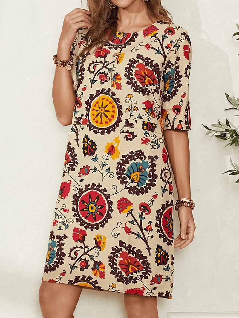 Etnisk Stil Med Tryk Rund Hals Bohemia Casual Midi Kjole Til Kvinder