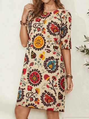 Etnisk Stil Med Tryk Rund Hals Bohemia Casual Midi Kjole Til Kvinder