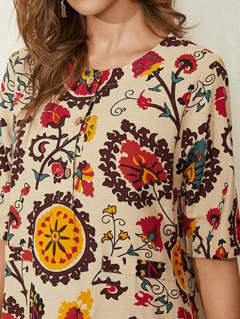 Etnisk Stil Med Tryk Rund Hals Bohemia Casual Midi Kjole Til Kvinder