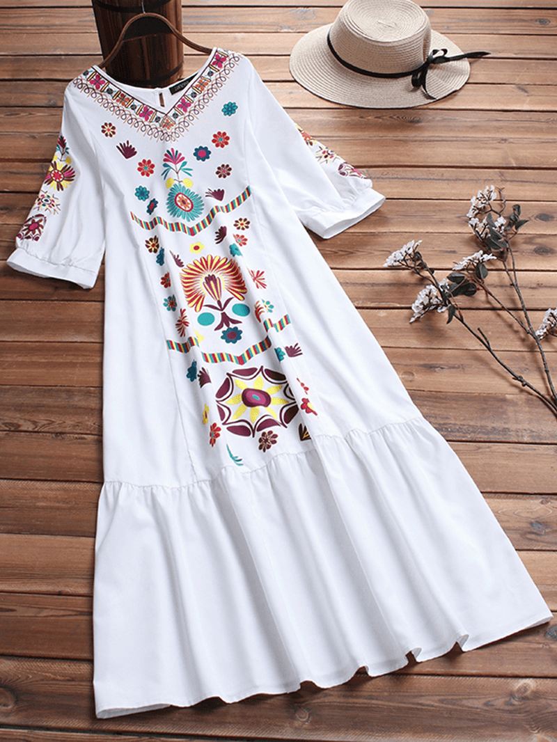 Etniske Kvinder V-hals Langærmet Blomsterprint Holiday Bohemian Plisseret Maxi Kjole