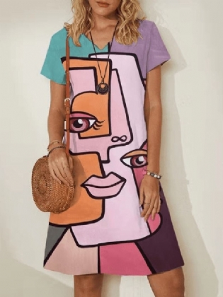Farverig Abstrakt Figurtryk V-hals Afslappet Kortærmet Midikjoler Til Kvinder