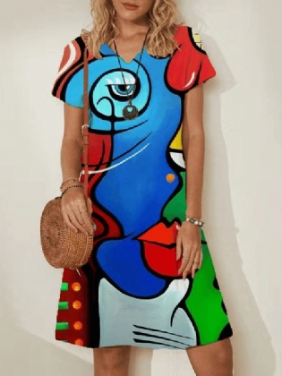 Kvinder Abstrakt Figur Ansigt Trykt V-hals Korte Ærmer Afslappet Midi Kjoler