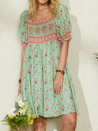 Kvinder Blomsterprint Rynket Detalje Halværmet Vintage Midi Kjoler
