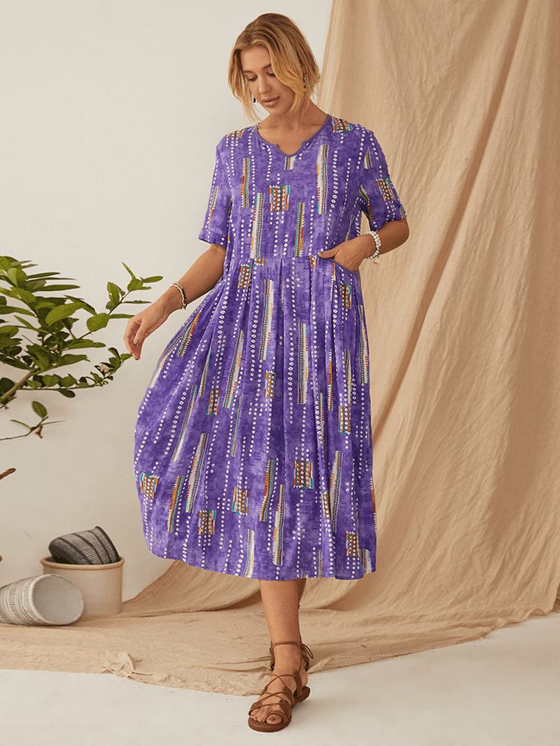 Kvinder Bohemia Vintage Med Tryk Kortærmet Pocket Casual Kjole