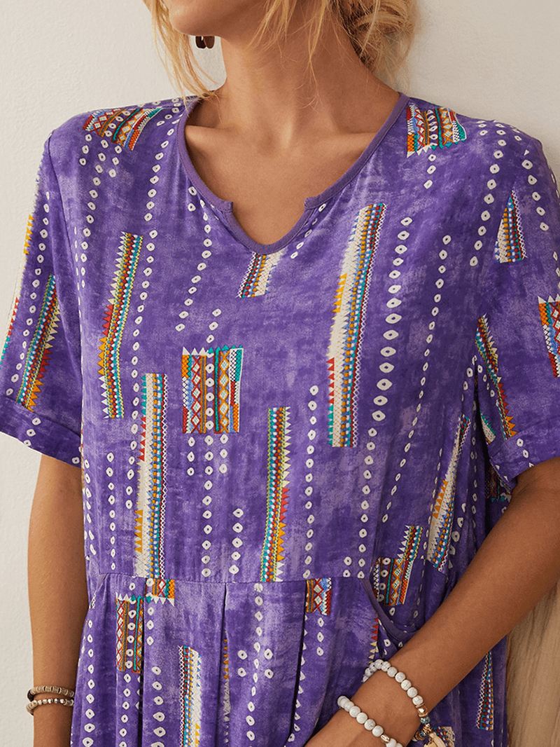 Kvinder Bohemia Vintage Med Tryk Kortærmet Pocket Casual Kjole
