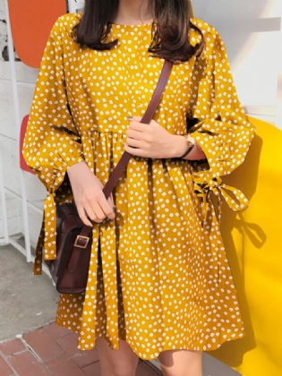 Kvinder Bomuld Polka Dot Plisseret Rund Hals Løs Casual Mini Kjole