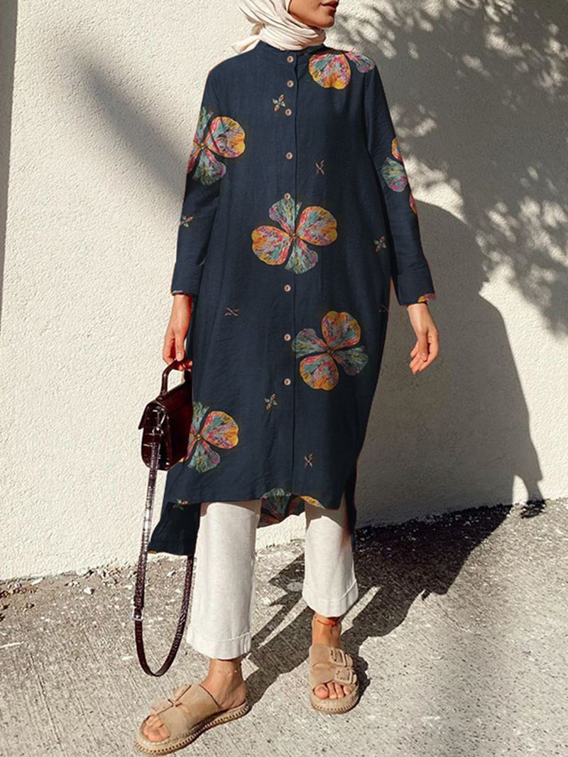 Kvinder Bomuldsblomster Med Tryk Kaftan Langærmet Retro Skjortekjole