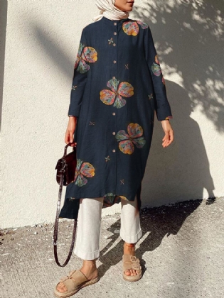 Kvinder Bomuldsblomster Med Tryk Kaftan Langærmet Retro Skjortekjole