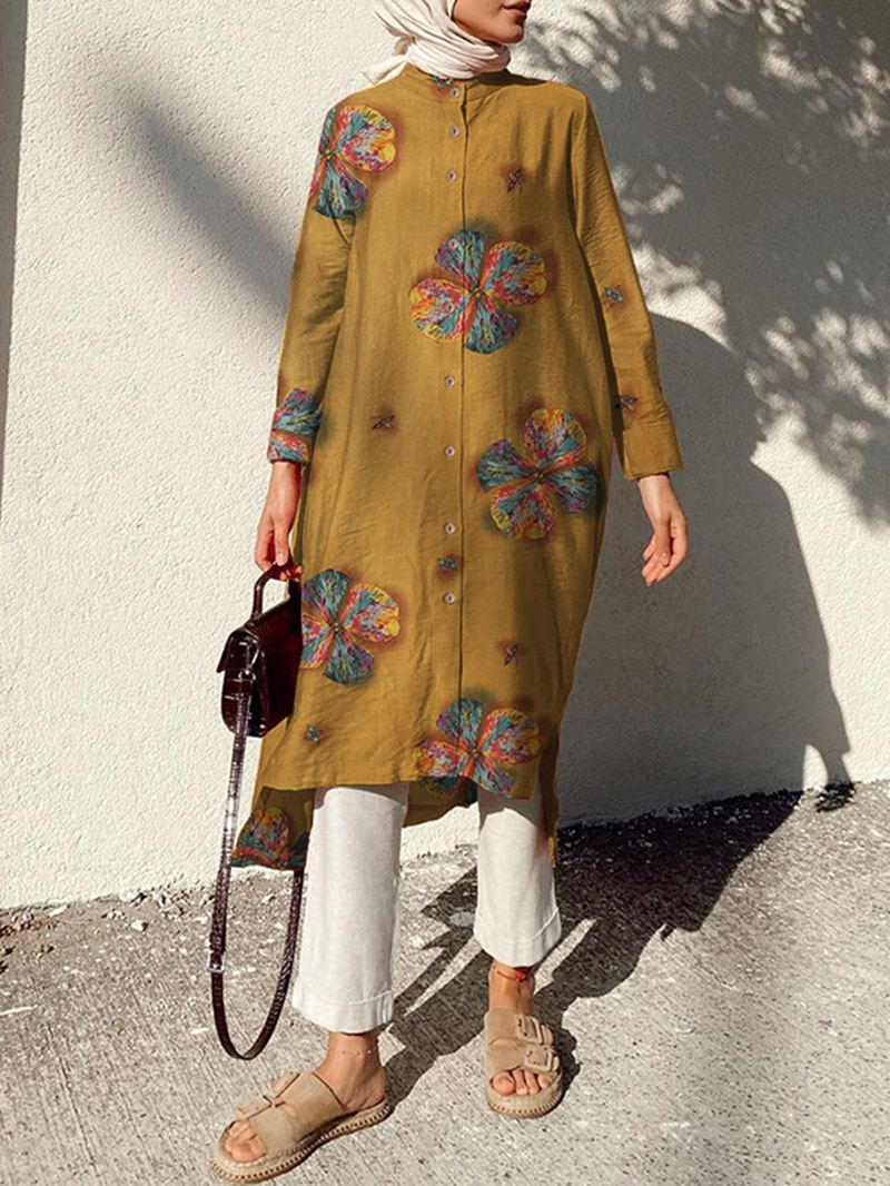 Kvinder Bomuldsblomster Med Tryk Kaftan Langærmet Retro Skjortekjole