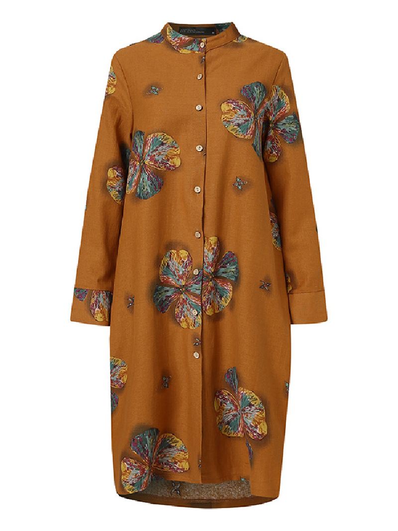 Kvinder Bomuldsblomster Med Tryk Kaftan Langærmet Retro Skjortekjole