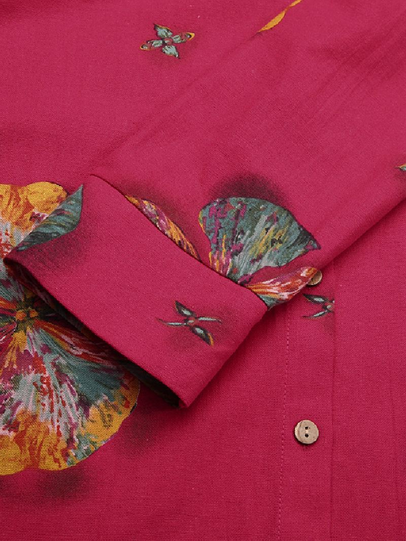 Kvinder Bomuldsblomster Med Tryk Kaftan Langærmet Retro Skjortekjole
