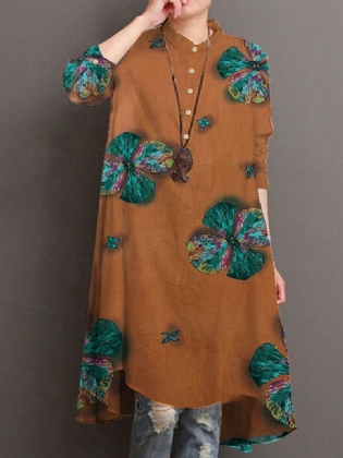 Kvinder Bomuldsknap Vintage Med Tryk High-low Hem Retro Skjortekjole