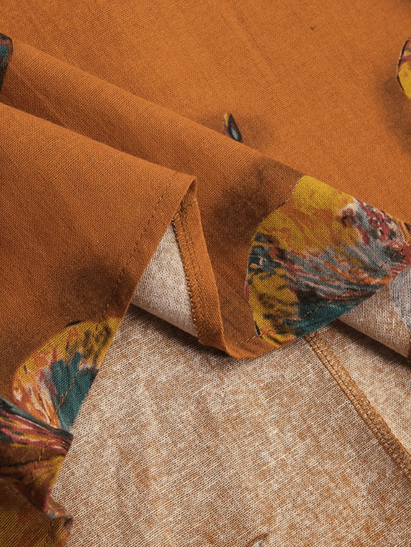 Kvinder Bomuldsknap Vintage Med Tryk High-low Hem Retro Skjortekjole